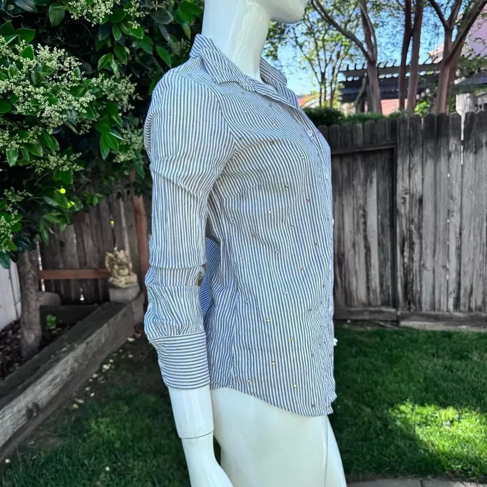 J. Crew Perfect Fit Striped Bling Poplin Shirt Grey White Women's Size 4